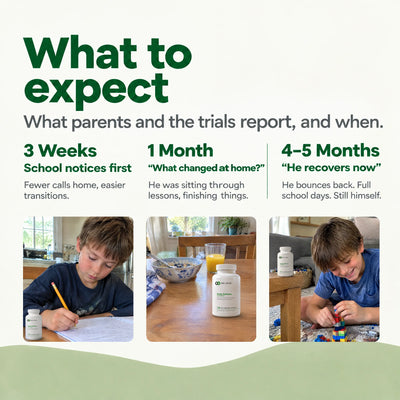 What to expect: school notices first at 3 weeks, sitting through lessons at 1 month, he recovers now at 4 to 5 months