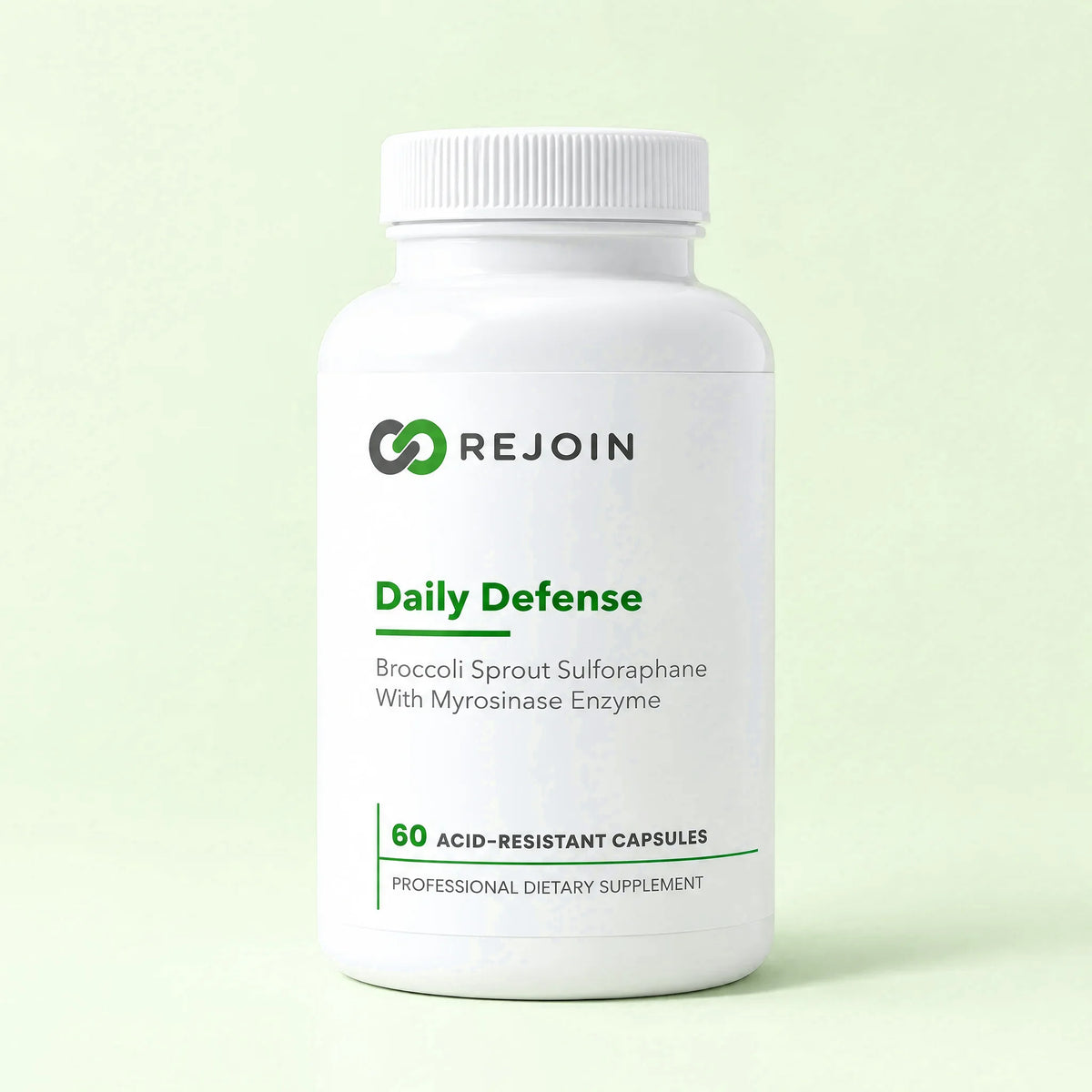 One bottle of Rejoin Daily Defense on a calm sage surface
