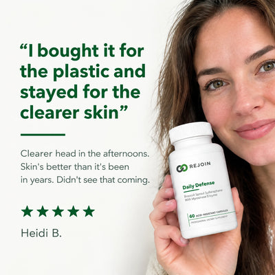 Customer review: I bought it for the plastic and stayed for the clearer skin. Clearer head in the afternoons, five stars, Heidi B.
