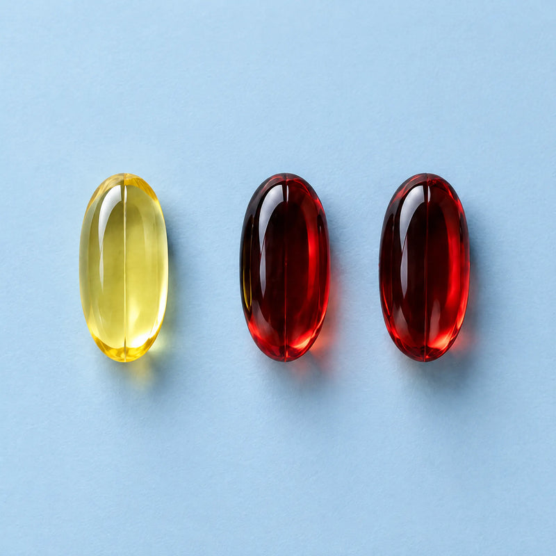 One pale fish oil capsule beside two deep red krill capsules