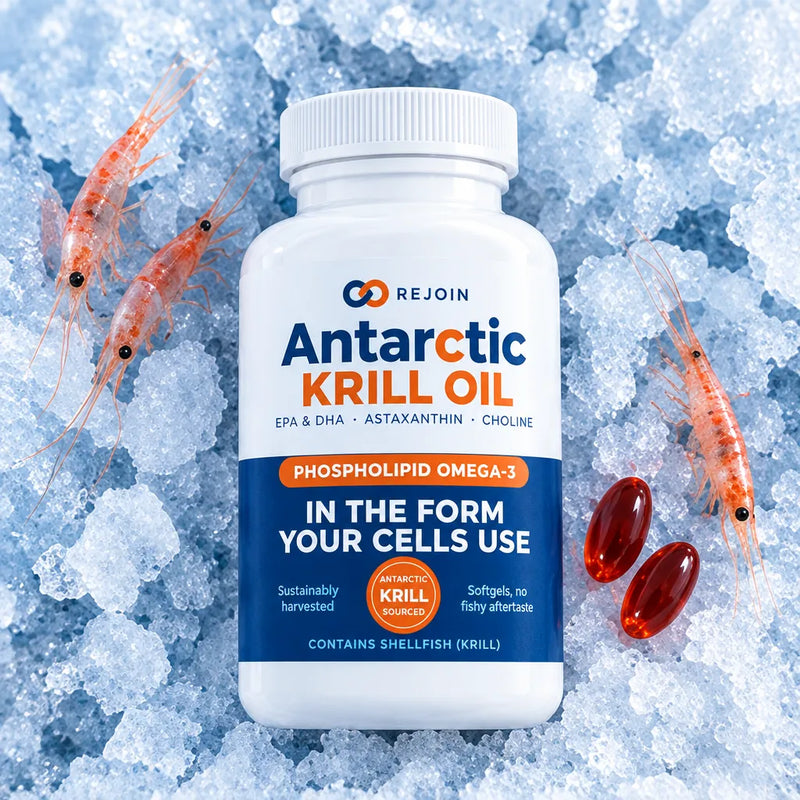 Rejoin Antarctic Krill Oil bottle on ice with whole Antarctic krill and two red softgel capsules